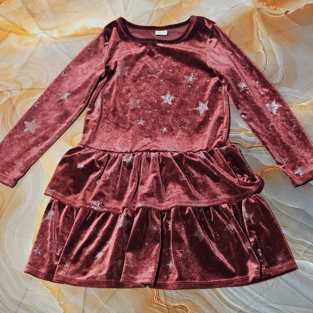 Gymboree Girls Size 5T Burgundy Velour Star Ruffle Dress Long Sleeve Holiday